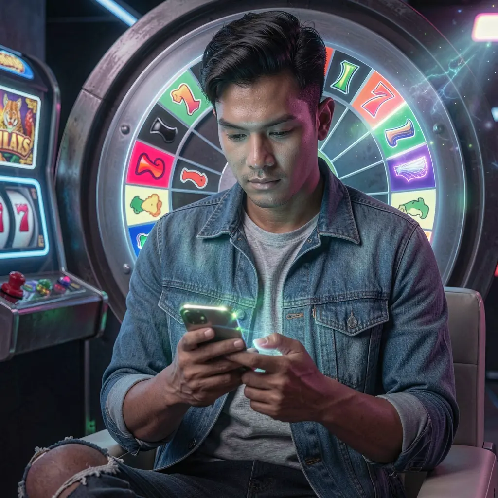 Confident Filipino man using the BXB JILI casino app on his smartphone with a glowing roulette wheel behind him showcasing immersive mobile gaming in the Philippines