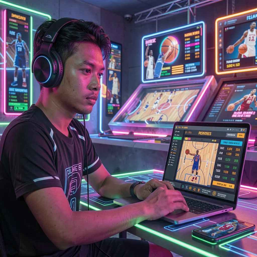 Futuristic na online roulette scene sa isang laptop na napapalibutan ng mga poker chip at pera na may dramatikong ilaw na nagpapakita ng nakakaengganyong karanasan sa casino ng BXB JILI para sa mga manlalaro sa Pilipinas BXB JILI – Tumaya sa live na basketball at nangungunang mga kaganapang pampalakasan sa Pilipinas